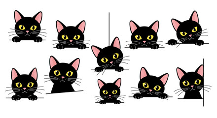 Fototapeta premium Four Playful Black Cats Peeking Over a Blank Space