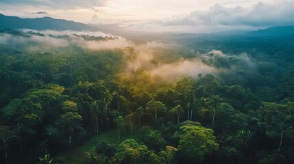 Lush tropical rainforest landscape at sunrise golden mist rolling hills green canopy eco sky view