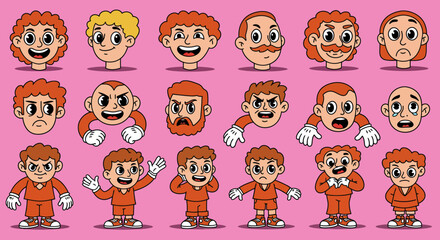Cartoon faces and figures with varied expressions and hair colors