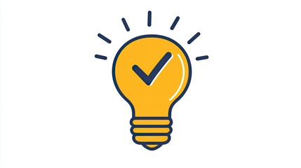 Creative concept of a bright idea or correct answer with a yellow light bulb and check mark on white background