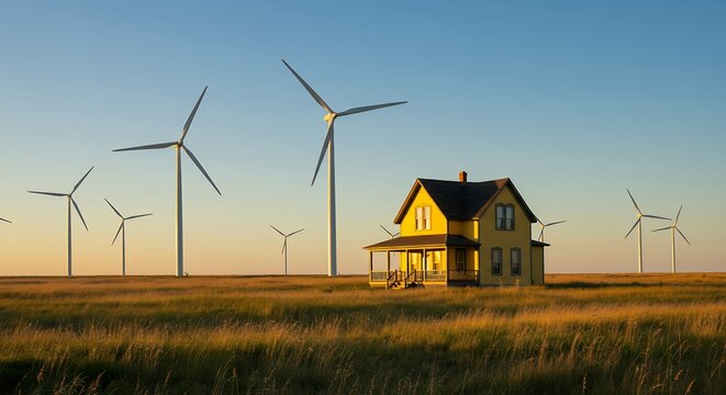 Wind turbines and house on the horizon with evening sunlight in a rural landscape - Powered by Adobe