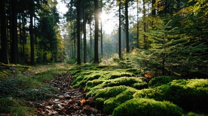 Fototapeta premium Green moss with relax mood in green forest concept. Lush green moss in a serene forest setting.