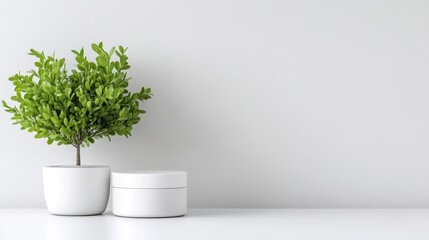 A green potted plant sitting on a white shelf against a plain wall, minimalist interior design, modern home decor, and simplicity concept.