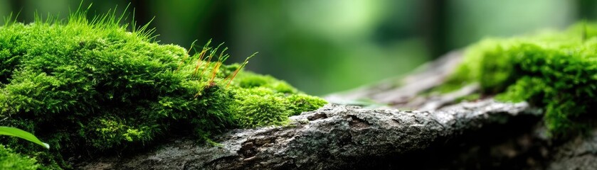 Green moss with relax mood in green forest concept. Lush green moss on a weathered tree bark