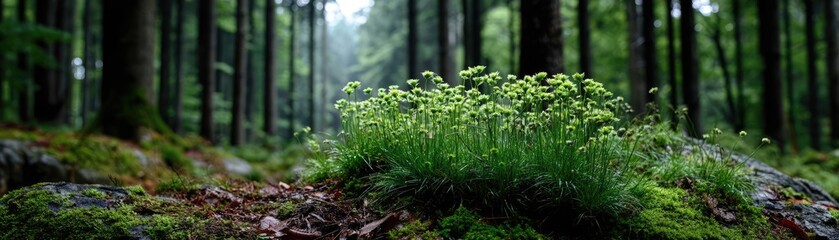 Green moss with relax mood in green forest concept. Green plants in serene forest environment.