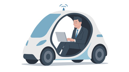 single seat self-driving car, automatic vehicle, autonomous driving, businessman using laptop