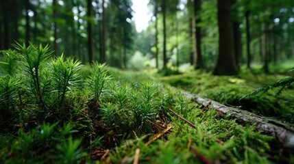 Obraz premium Green moss with relax mood in green forest concept. Lush green forest with vibrant moss and trees.