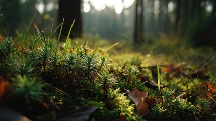 Fototapeta premium Green moss with relax mood in green forest concept. Lush green moss covering forest floor.