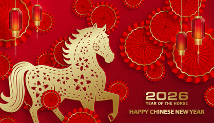 Happy Chinese new year 2026 horse Zodiac sign, with gold paper cut style on color background