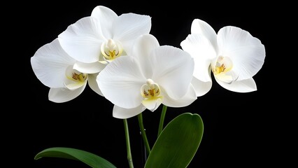 A cluster of elegant white orchids with yellow center markings against a black background. Concept Elegant White Orchids, Yellow Center Markings, Black Background, Floral Photography