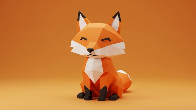 Low Poly Fox Sitting Calmly on Orange Background Animation Loop