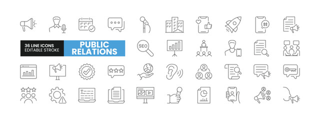 Set of 36 Public Relations line icons set. Public Relations outline icons with editable stroke collection. Includes Interview, Community, Social Media, Influencer, PR Agent, and More.