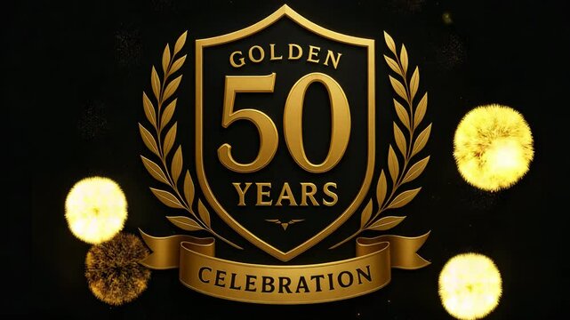 Golden 50 years celebration badge with sparkles