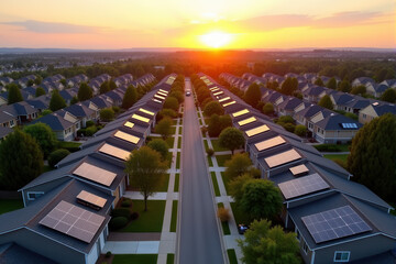 A bird's-eye view of a neighborhood with multiple houses, each featuring solar panels on their rooftops