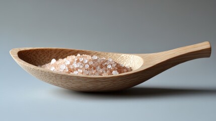 Natural pink salt displayed in a wooden spoon on a simple background