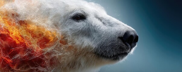 Fototapeta premium Endangered species affected by fire and climate change concept. A polar bear with flames symbolizing climate change awareness.