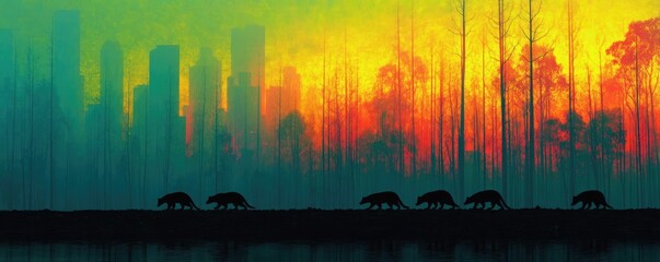 Obraz premium Endangered species in crisis from development and fire concept. Silhouetted bears walk against a vibrant, colorful skyline backdrop.