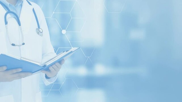 doctor using tablet on hospital Blurred blue background with copy space. modern clinic, digital health, and medical innovations. Copy space background advertising for tex