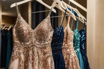 Luxurious evening dresses in sequins on hangers in fitting room, close-up view