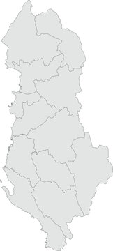 Vector map of Albania showing all regions with clearly defined borders and country outline. Grey color scheme with dark contours. Ideal for educational, infographic, and professional use.

