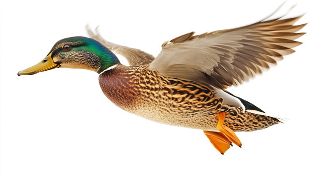 Isolated flying mallard duck on white background - flying wildlife bird, high resolution image