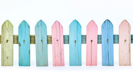 Fototapeta premium Small wooden fences in pastel colors (pink, blue, green) aligned on white background.
