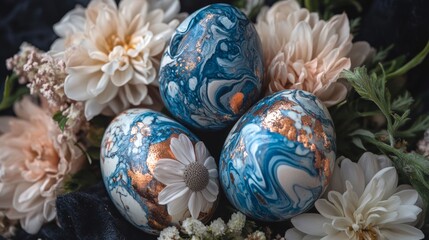 Unique marbled Easter eggs surrounded by delicate flowers in a spring setting