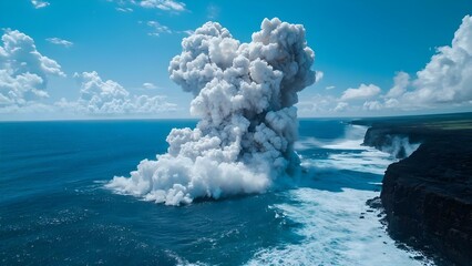 A large volcanic eruption creates a massive plume of ash and smoke over the ocean, with waves crashing against rocky cliffs. Concept Volcanic Eruption, Ash and Smoke Plume, Ocean Waves, Rocky Cliffs