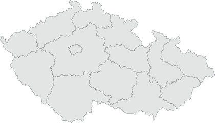 Vector map of the Czech Republic showing all regions with clearly defined borders and country outline. Grey color scheme with dark contours. Perfect for educational, infographic, and professional use.
