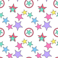 Abstract decorative seamless pattern featuring colorful stars within rings on a white background. Cartoon starry space sky in naive style for kids, nursery, wallpaper, wrapping paper and gift box.