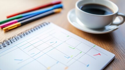 Coffee Break, Planning and Productivity with Colorful Markers and Schedule