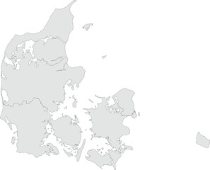 Vector map of Denmark showing all regions with clearly defined borders and country outline. Grey color scheme with dark contours. Ideal for educational, infographic, and professional use.

