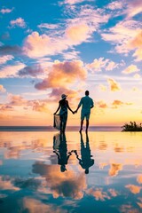 Fototapeta premium Couple enjoys a romantic sunset on the tranquil shores of St Lucia in the Caribbean