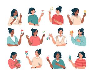 Young smiling women holding weekend items in hand. Leisure and work, time planning, growth, relaxation, healthy lifestyle. Red flag, clean water, flower, gift, cup in arm. Isolated vector iliustration