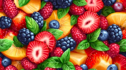 Fresh fruits and berries, food wallpaper background.