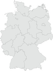 Vector map of Germany showing all regions with clearly defined borders and country outline. Grey color scheme with dark contours. Perfect for educational, infographic, and professional use.

