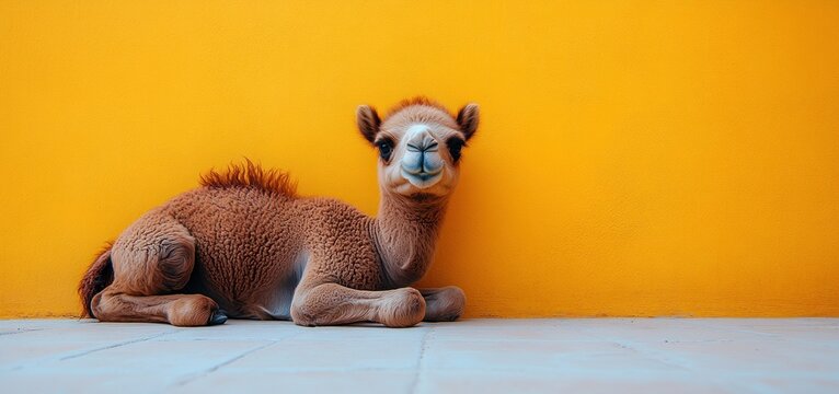 Adorable Baby Camel Against Vibrant Yellow Wall