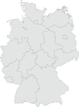 Vector map of Germany showing all regions with clearly defined borders and country outline. Grey color scheme with dark contours. Perfect for educational, infographic, and professional use.

