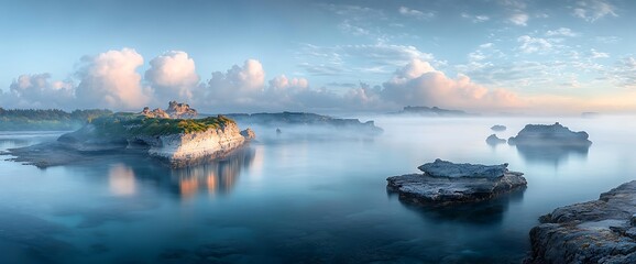 Naklejka premium Misty Coastal Sunrise