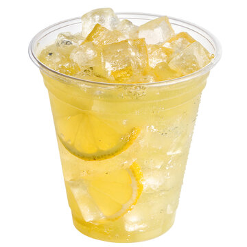 Front view of A Clear plastic cup filled Lemonade with iced isolated on transparent background