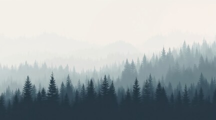 Naklejka premium A dense pine forest with misty layers of trees fading into the distance under a pale sky.
