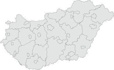 Vector map of Hungary showing all regions with clearly defined borders and country outline. Grey color scheme with dark contours. Perfect for educational, infographic, and professional use.


