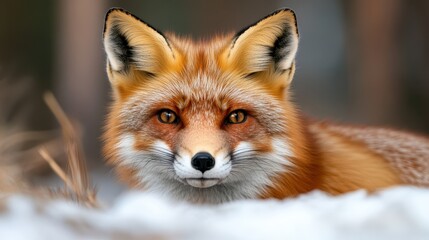 This image captures a close-up of a fox resting in a snowy landscape, showcasing its vivid colors and striking features, symbolizing survival and the beauty of winter wildlife.