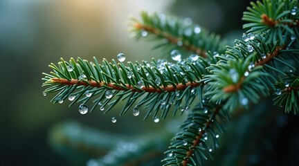 Close-up of a pine branch with fresh dew drops, set against a softly blurred natural background.