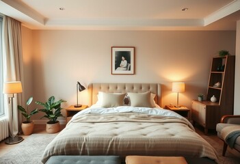 Cozy bedroom interior with soft lighting and comfortable furniture