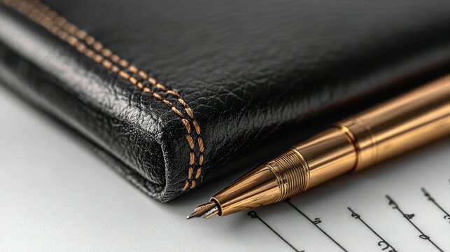 Close-up of black leather journal and gold pen on lined paper