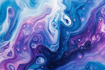 Swirling cosmic abstract painting vibrant blues purples and whites blend in a mesmerizing fluid art design Intense color