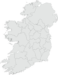 Vector map of Ireland showing all regions with clearly defined borders and country outline. Grey color scheme with dark contours. Perfect for educational, infographic, and professional use.


