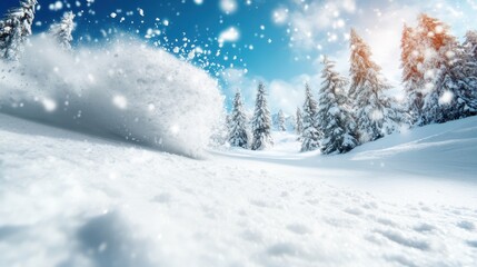 A dynamic winter wilderness scene captivates with a dramatic explosion of snow, as snowflakes scatter in the air amidst a pristine snowy landscape under a bright blue sky, revealing raw beauty.