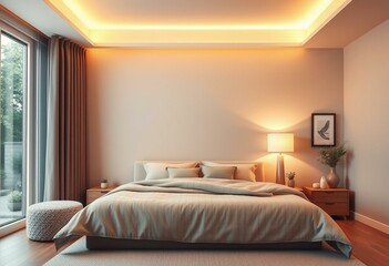 Cozy bedroom interior with soft lighting and warm colors